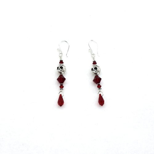 Red Skull Earrings for Women Teardrop Pierced Silver Dangle Handmade Jewelry Unique Gifts 