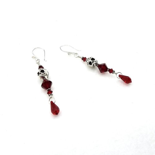 Red Skull Earrings for Women Teardrop Pierced Silver Dangle Handmade Jewelry Unique Gifts 