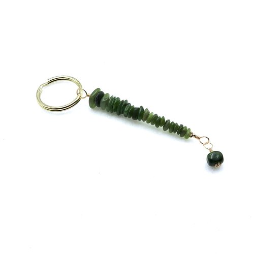 tiny gemstone beads in shades of green stacked with a dangle at the end
