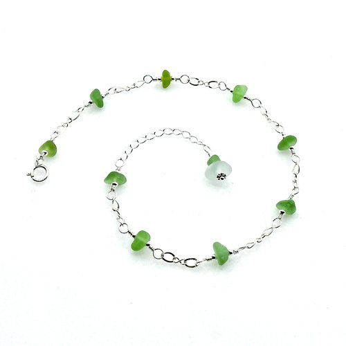 green and silver beaded ankle bracelet