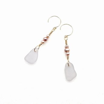 Sea Glass and Pearl Earrings, Light Purple Dangle, Gold Filled Jewelry