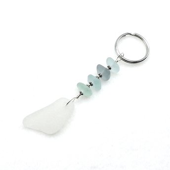 Real Sea Glass Keychain Gifts for Friends, White Pendant Handcrafted Unique Keyring 