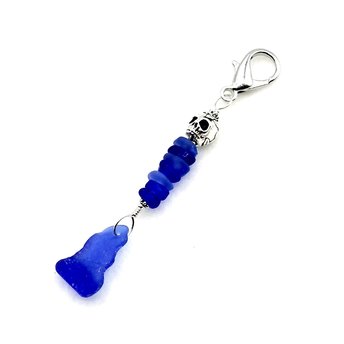 Cool Skull Zipper Pull, Cobalt Blue Sea Glass Clip on Charm, Unusual Small Gifts