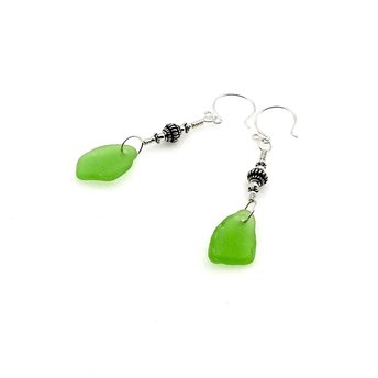 Genuine Sea Glass Earrings, Green and Silver Bali Jewelry, One of a Kind Gifts
