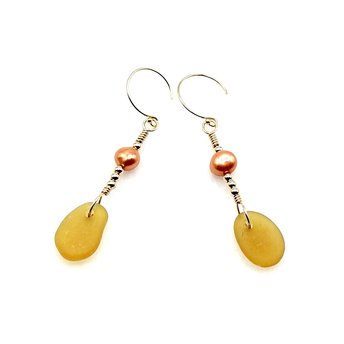 Beach Glass Earrings with Pearls, Amber Sea Glass Jewelry, Ocean Themed Gifts
