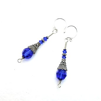 dark blue crystal bead silver dangle pierced earrings