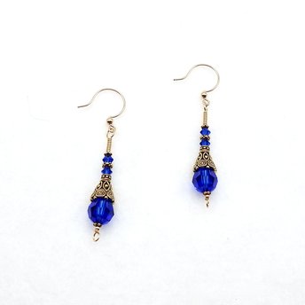Deep Blue Crystal Drop Earrings for Women Pierced Gold Dangle Handmade Jewelry Gifts for Her
