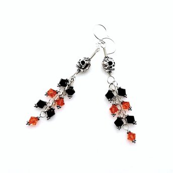 Skull Earrings Black and Orange Crystal Bead Silver Dangles Handmade Jewelry Unique Fun Gifts
