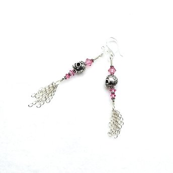 Skull Dangle Earrings Pink Crystal Bead Silver Chain Tassel Handmade Jewelry Fashion Canada 
