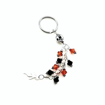 Skull Keychain Long Dangle Black and Orange Crystal Bead Flame Charm Keyring Cool Gifts