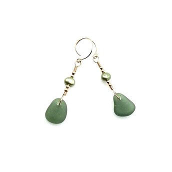 Green Sea Glass Pearl Earrings Gold Dangle Pierced Handmade Real Beach Jewelry Women's Gifts