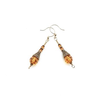 Orange Bead Crystal Earrings for Women Long Gold Dangle Handmade Jewelry Gift Ideas for Her