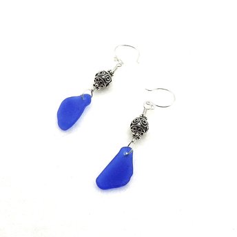 Sea Glass Earrings Cobalt Blue Bali Bead Pierced Drops Women's Handmade Gifts Canada