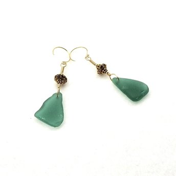 Long Dangle Sea Glass Earrings Teal Green Gold Genuine Beach Glass Jewelry Women's Handmade Gifts