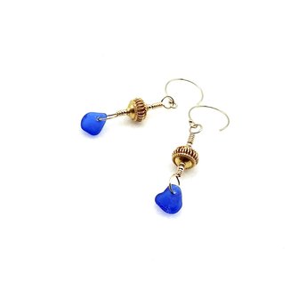 Cobalt Blue and Gold Dangle Earrings with real sea glass tiny drop charms