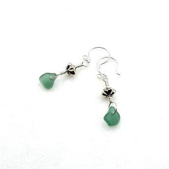 Teal Sea Glass Earrings, Green Dangle Silver Flower Bali Bead Jewelry