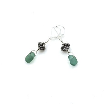 Teal and Silver Bali Earrings, Tiny Green Sea Glass Lever Back Dangles, Handmade Jewelry Gifts