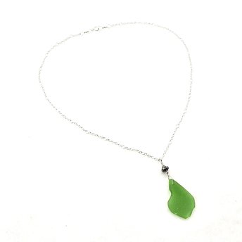 Green Sea Glass Necklace for Women 18" Silver Chain Bali Bead Accent Real Beach Jewelry Gifts