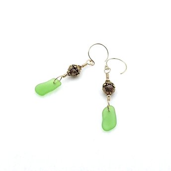 Authentic Sea Glass Earrings for Women, Green and Gold Dangle Summer Themed Beachy Jewelry