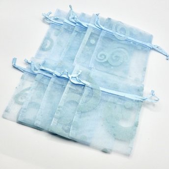 Blue Organza Bags 3x4, Small Drawstring Gift Bags with Wave Design, Sheer Pouch Jewelry Packaging
