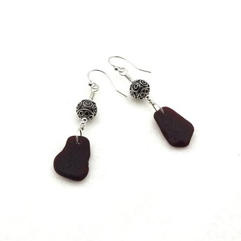 Black Red Sea Glass Earrings Rare Dark Burgundy Bali Bead Jewelry Pierced Silver Dangles Handmade
