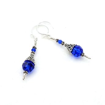 Dark Blue Earrings for Women Bali Filigree Long Silver Dangle Crystal Jewelry 
