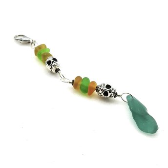 clip on skull dangle with real sea glass