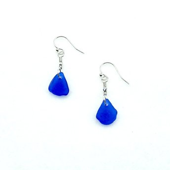 Cobalt Blue Sea Glass Earrings Silver Dangle Real Beach Jewelry Handmade Gift Ideas