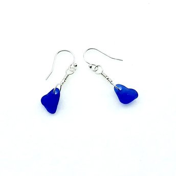 Sea Glass Earrings Cobalt Blue Dainty Dangle Drop Beach Glass Jewelry Handmade Fashion Gifts 
