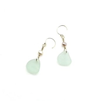 Sea Glass Earrings Light Sea Foam Pastel Green Gold Dangle Drop Handmade Jewelry Gifts