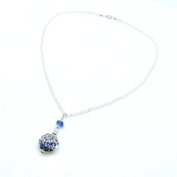 Sea Glass Necklace for Women Cornflower Blue See Through Filigree Locket 18 Inch Beach Jewelry