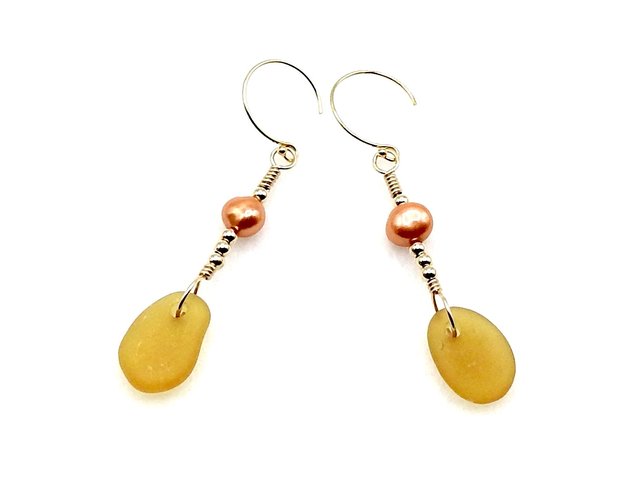Beach Glass Earrings with Pearls, Amber Sea Glass Jewelry, Ocean Themed Gifts
