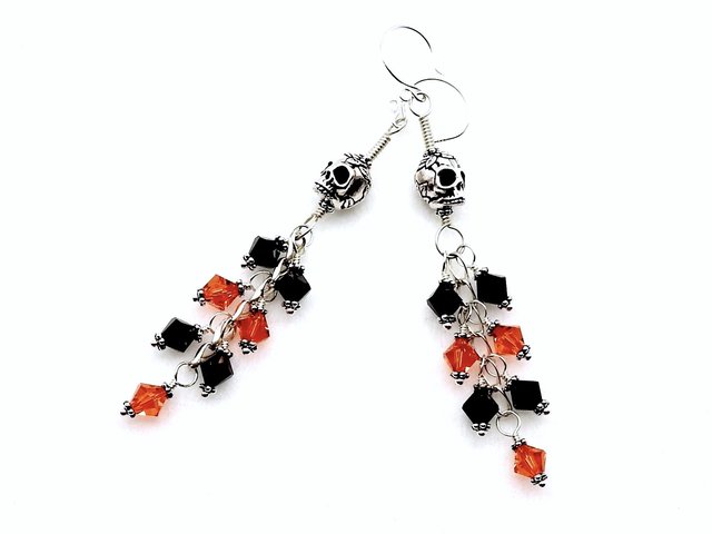 Skull Earrings Black and Orange Crystal Bead Silver Dangles Handmade Jewelry Unique Fun Gifts