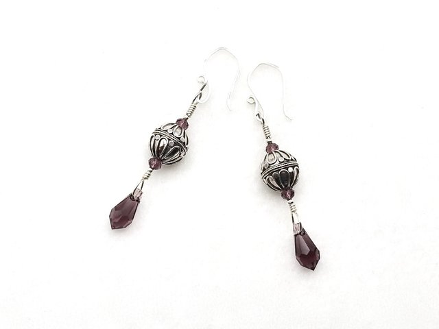 Crystal Teardrop Earrings Long Purple Pierced Silver Dangle Drops Handmade Jewelry Women's Gifts