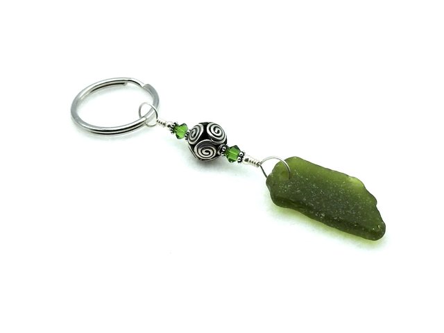 dark green real sea glass pendant keychain