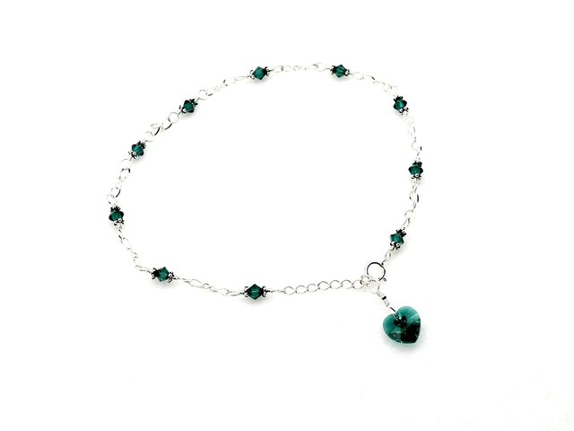 Emerald Green Crystal Heart Anklet Handmade Ankle Bracelet Love Themed Jewelry 