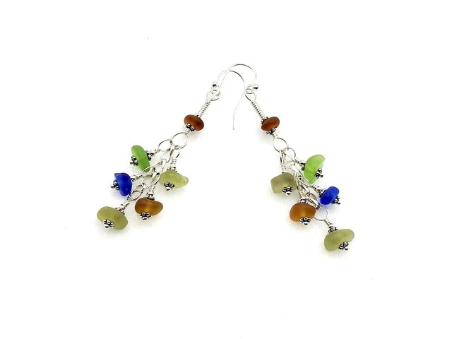 Cluster Earrings, Multi Color Drop Genuine Sea Glass Jewelry, Beach Glass Gifts 