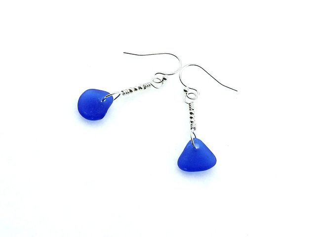 Real Sea Glass Earrings Cobalt Blue Beach Glass Jewelry Silver Dangle Ladies Handmade Gifts